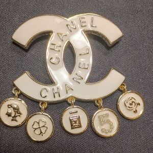 Gold-Tone White Enamel Brooch with Charm Discs